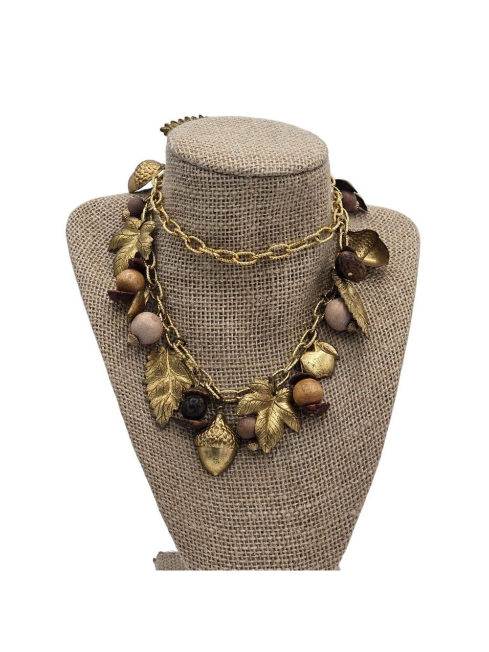Vintage Brass Chain Necklace Acorn Leaf Charms Wooden Beads Nature Fruit Salad